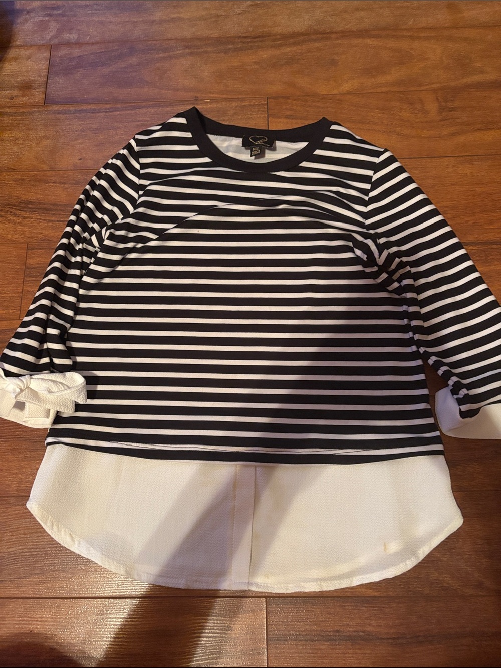 Monteau Black and White Striped Girls' Long Sleeve Top with White Hem
